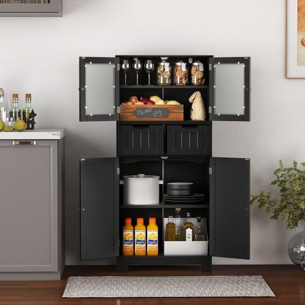 Floor Storage Cabinet with Glass-Door Cabinets and 2 Drawers-Black
