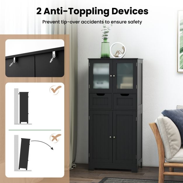 Floor Storage Cabinet with Glass-Door Cabinets and 2 Drawers-Black