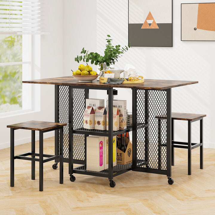 3 Piece Foldable Dining Table Set with Lockable Wheels for Small Place