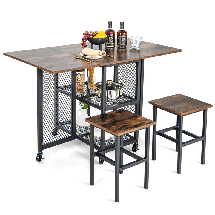 3 Piece Foldable Dining Table Set with Lockable Wheels for Small Place