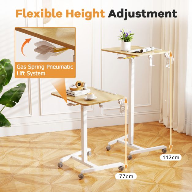 Foldable Mobile Standing Desk Portable Computer Workstation with Hook and Cup Holder-Natural