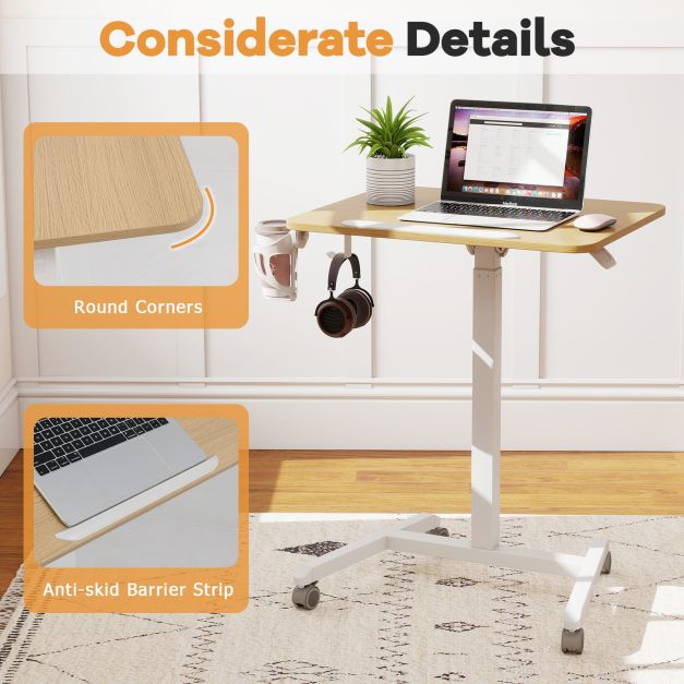 Foldable Mobile Standing Desk Portable Computer Workstation with Hook and Cup Holder-Natural