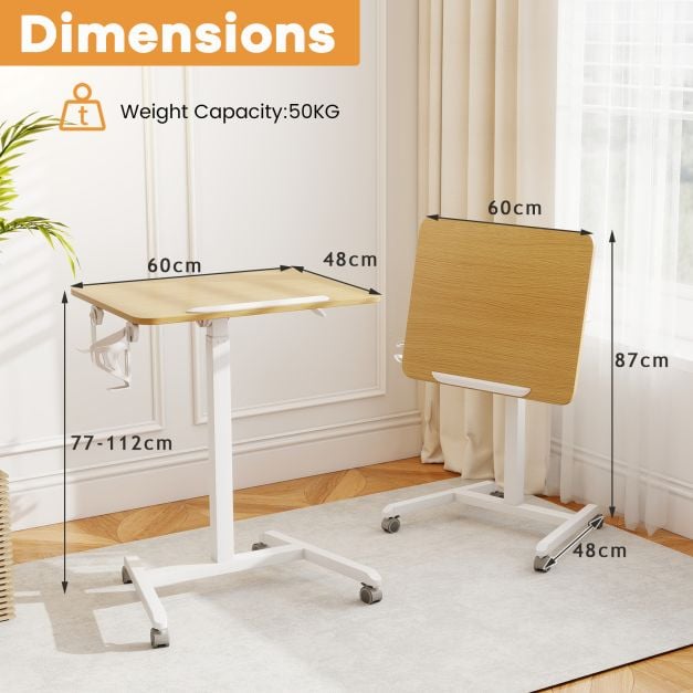Foldable Mobile Standing Desk Portable Computer Workstation with Hook and Cup Holder-Natural