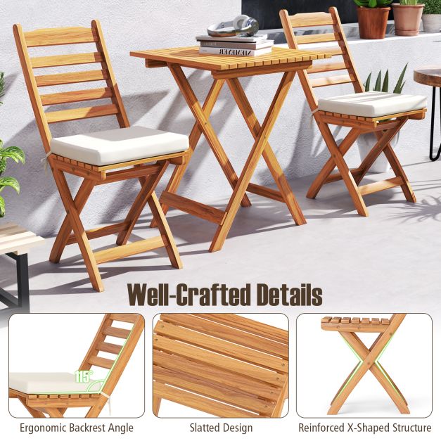 3 Pieces Outdoor Acacia Wood Bistro Set with Seat Cushions and High Back Armless Chairs