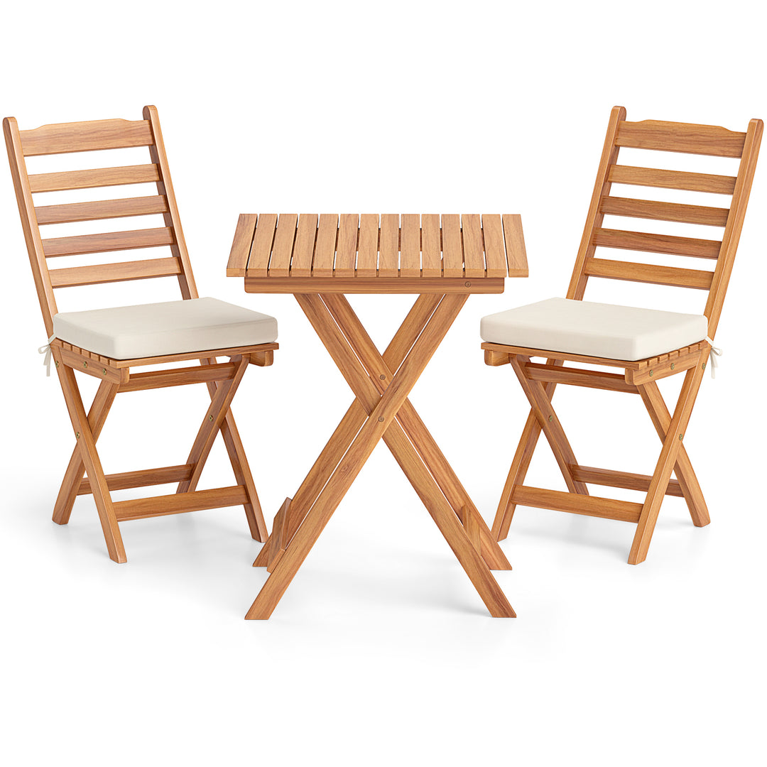 3 Pieces Outdoor Acacia Wood Bistro Set with Seat Cushions and High Back Armless Chairs