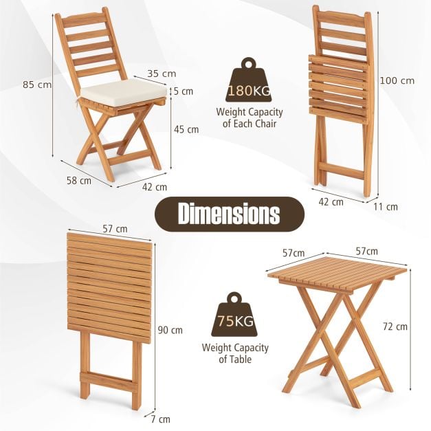 3 Pieces Outdoor Acacia Wood Bistro Set with Seat Cushions and High Back Armless Chairs