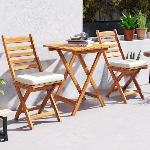 3 Pieces Outdoor Acacia Wood Bistro Set with Seat Cushions and High Back Armless Chairs