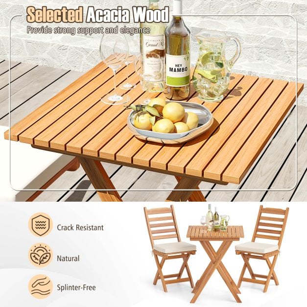 3 Pieces Outdoor Acacia Wood Bistro Set with Seat Cushions and High Back Armless Chairs