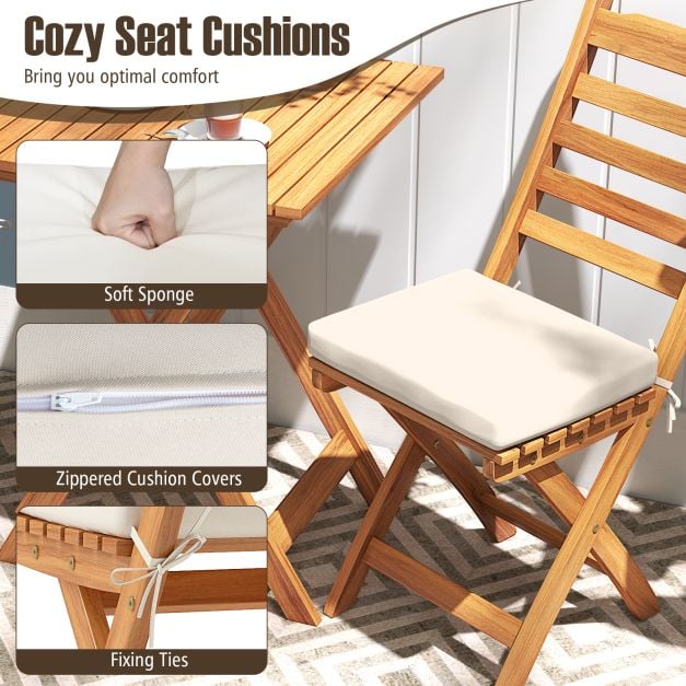 3 Pieces Outdoor Acacia Wood Bistro Set with Seat Cushions and High Back Armless Chairs