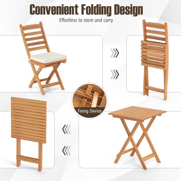 3 Pieces Outdoor Acacia Wood Bistro Set with Seat Cushions and High Back Armless Chairs