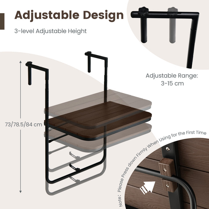 Folding Railing Table with 3 Level Adjustable Height for Patio