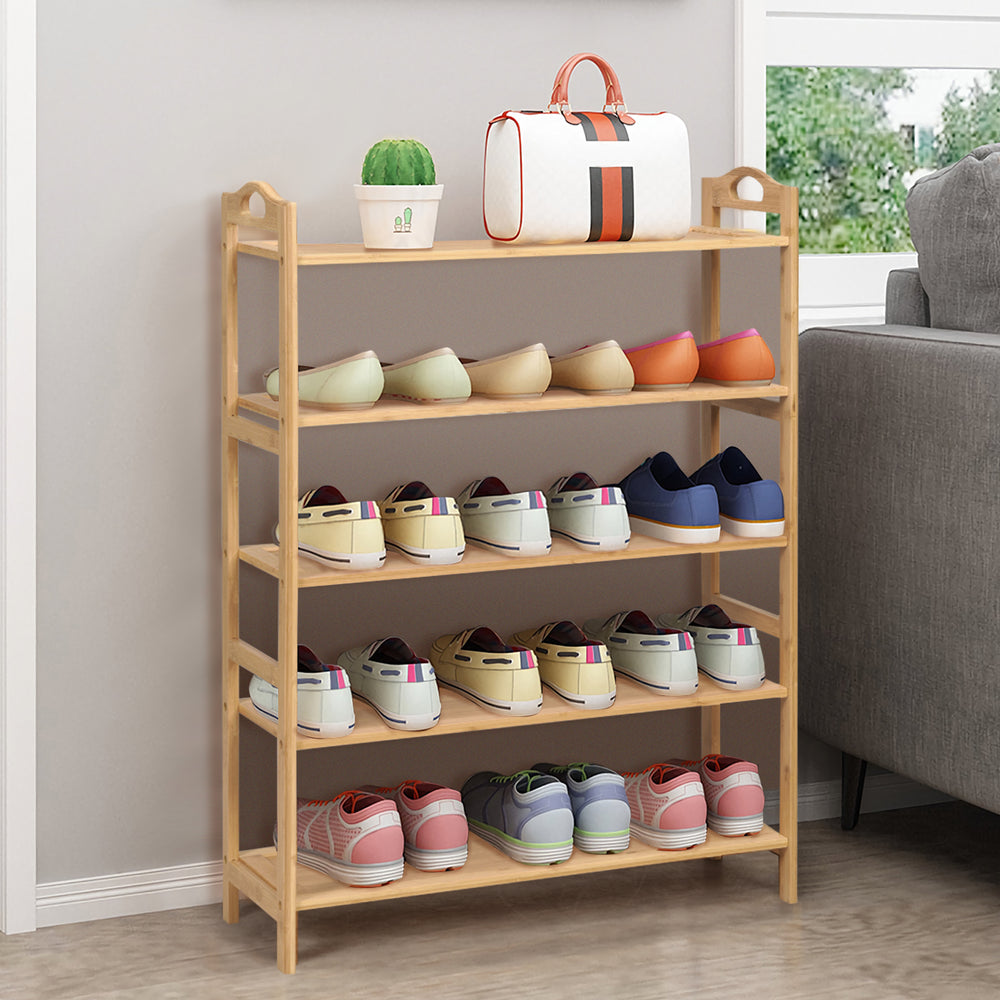 5 Tier Free Standing Bamboo Shoe Rack with Two Rounded Handles - TidySpaces