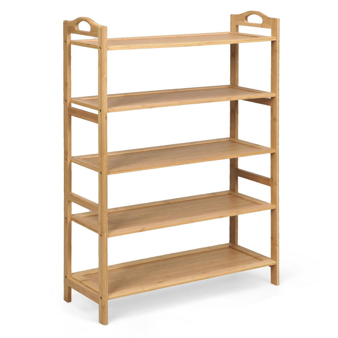 5 Tier Free Standing Bamboo Shoe Rack with Two Rounded Handles - TidySpaces