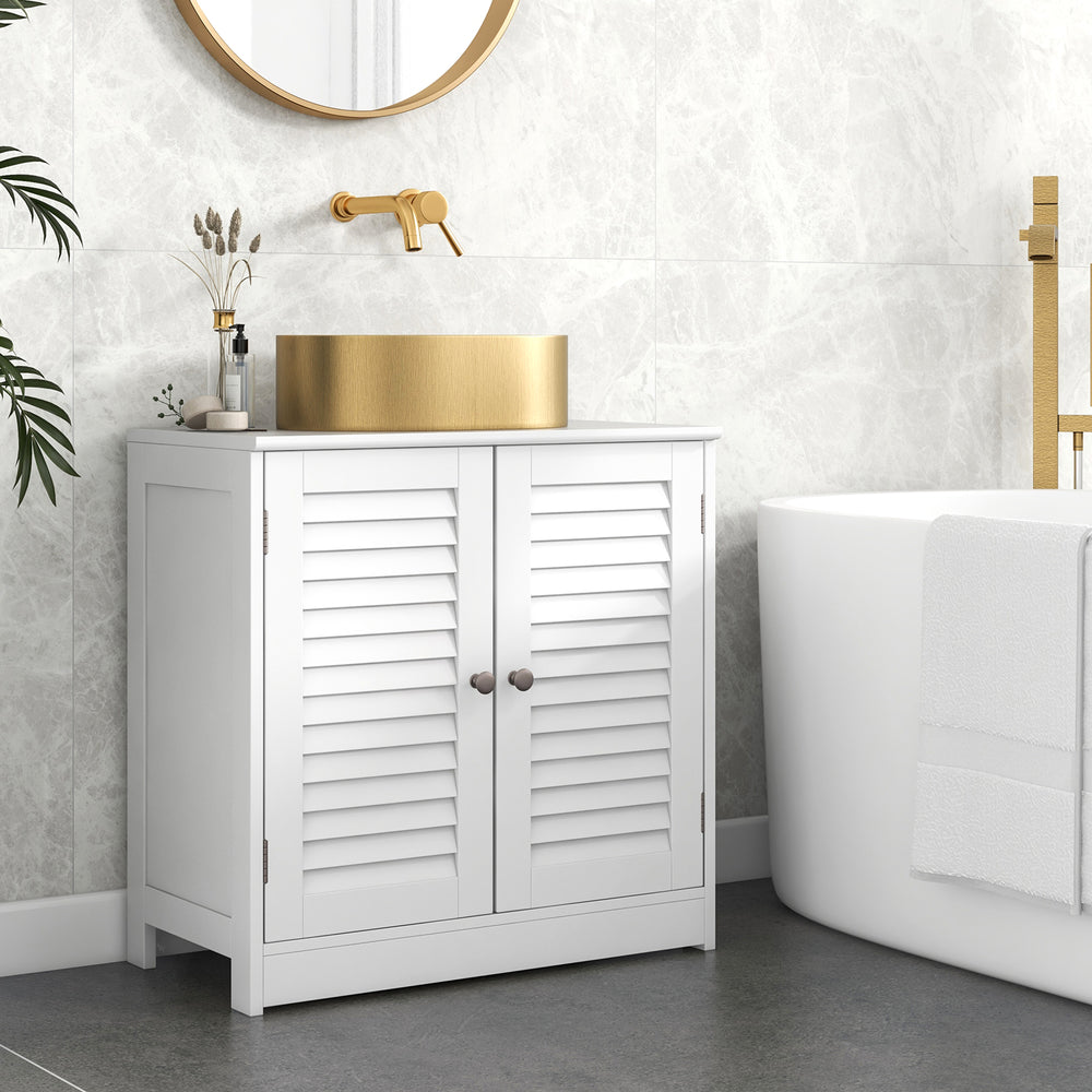 Freestanding Bathroom Vanity Cabinet with 2 Shutter Doors and U-Shape Cut-Out-White - TidySpaces
