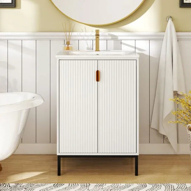 Freestanding Bathroom Vanity Cabinet with Sink and Adjustable Shelf-White - TidySpaces