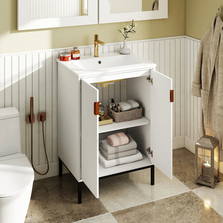 Freestanding Bathroom Vanity Cabinet with Sink and Adjustable Shelf-White - TidySpaces