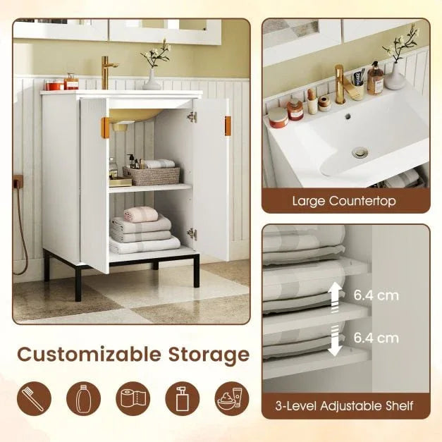 Freestanding Bathroom Vanity Cabinet with Sink and Adjustable Shelf-White - TidySpaces
