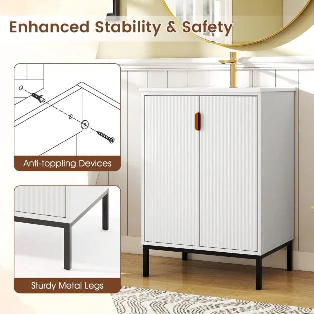 Freestanding Bathroom Vanity Cabinet with Sink and Adjustable Shelf-White - TidySpaces