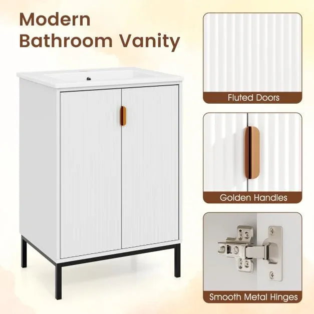Freestanding Bathroom Vanity Cabinet with Sink and Adjustable Shelf-White - TidySpaces