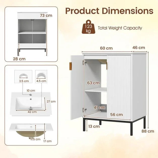 Freestanding Bathroom Vanity Cabinet with Sink and Adjustable Shelf-White - TidySpaces