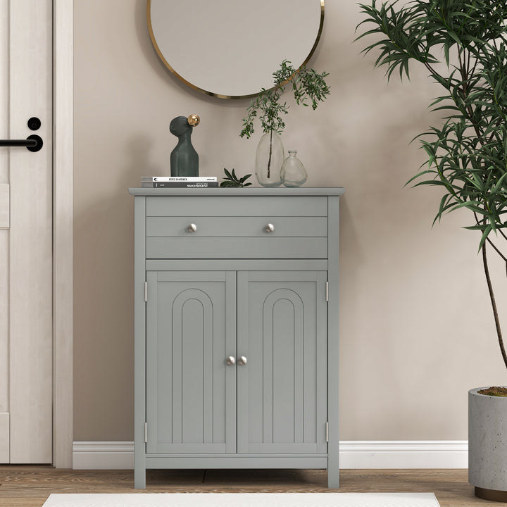 Freestanding Floor Storage Cabinet with Drawer and Adjustable Shelf-Grey