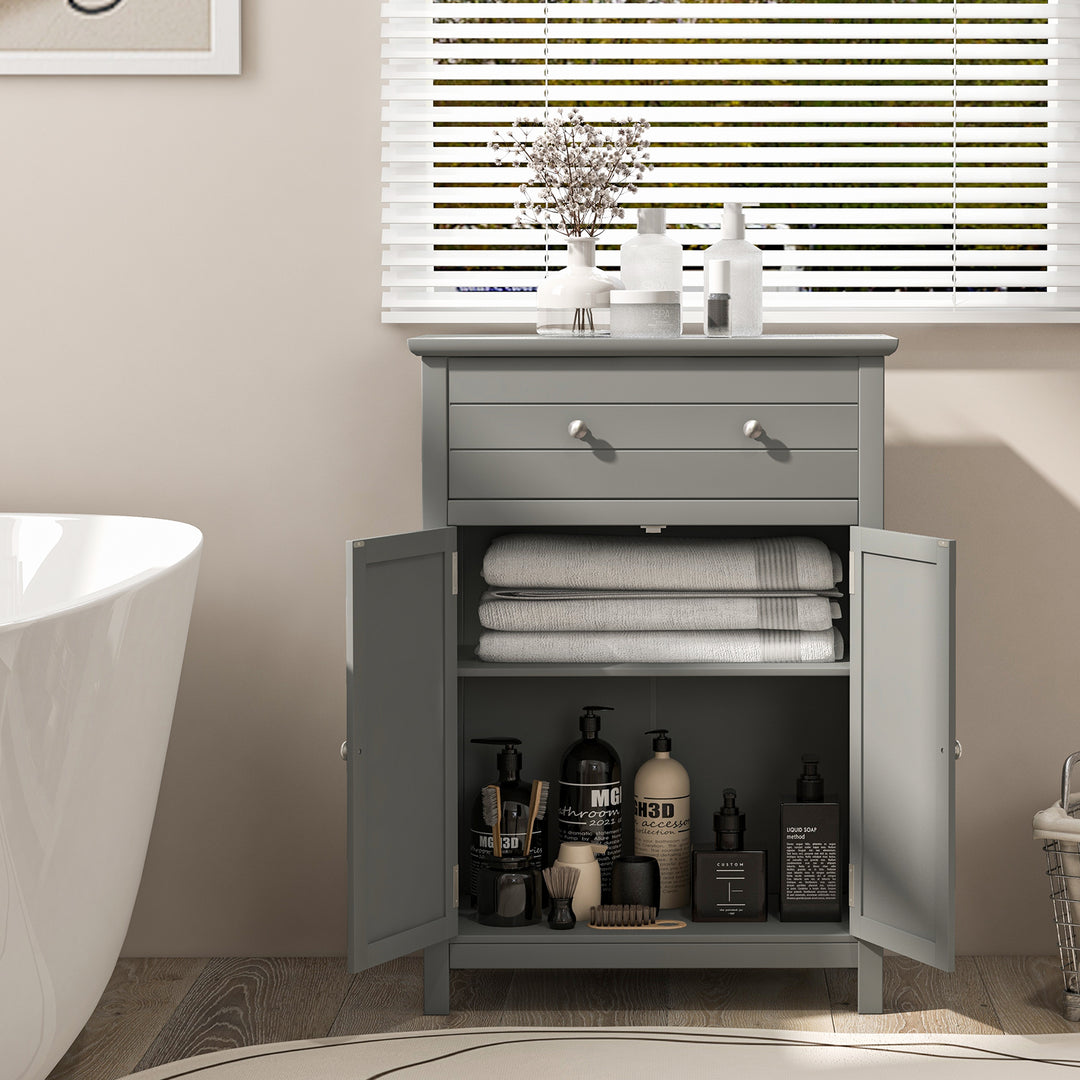 Freestanding Floor Storage Cabinet with Drawer and Adjustable Shelf-Grey