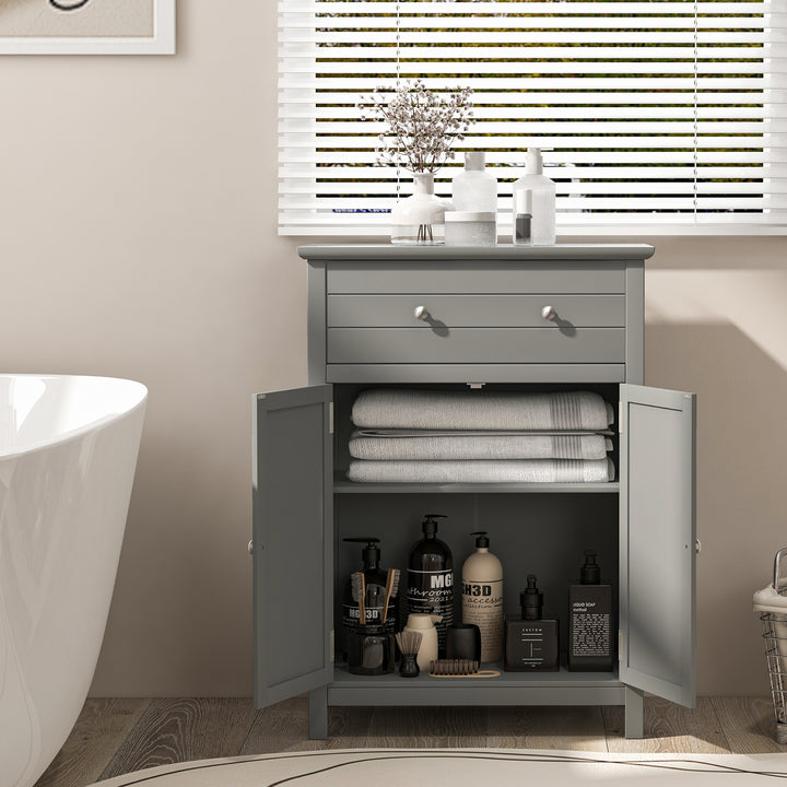 Freestanding Floor Storage Cabinet with Drawer and Adjustable Shelf-Grey