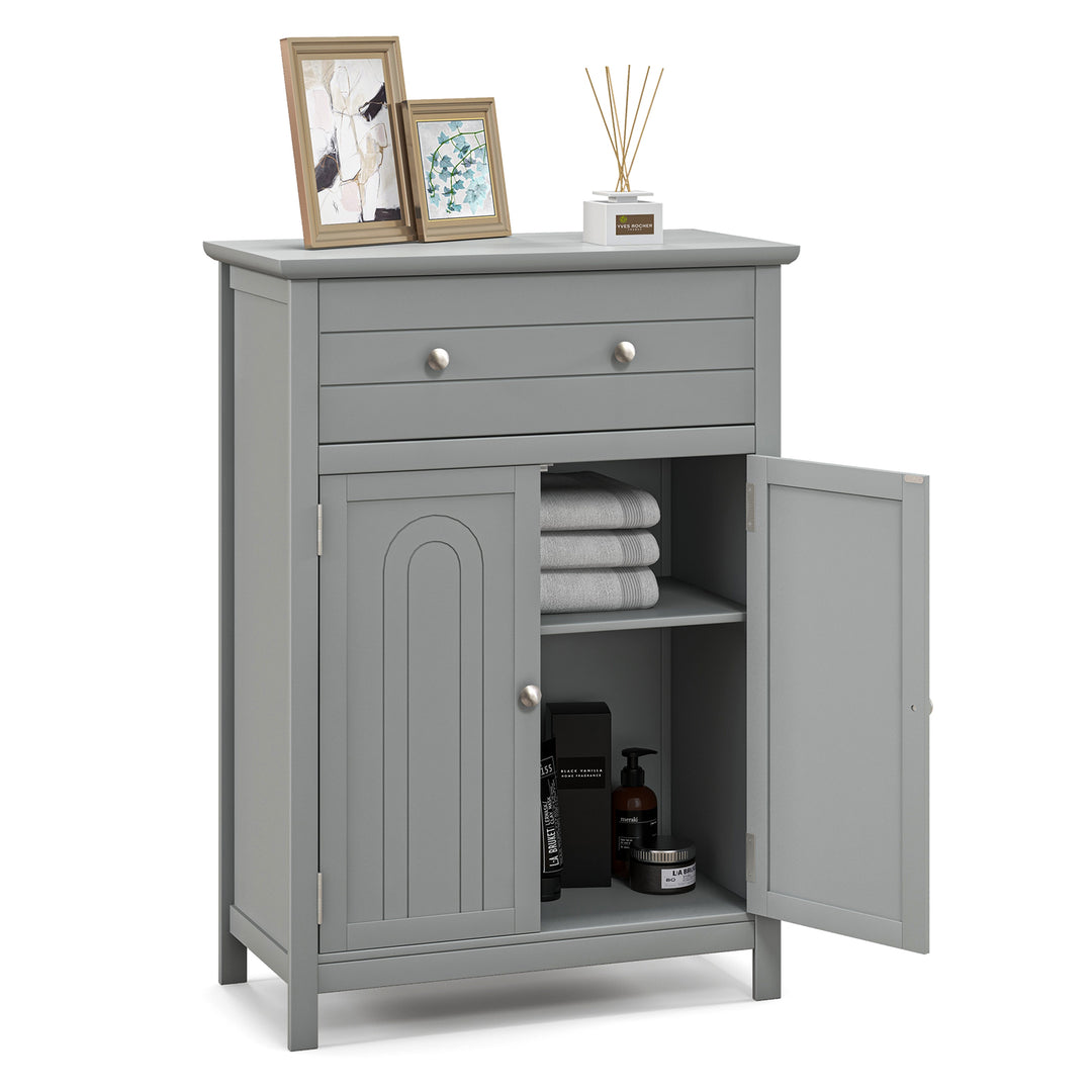 Freestanding Floor Storage Cabinet with Drawer and Adjustable Shelf-Grey
