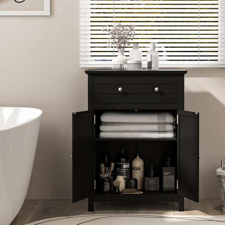 Freestanding Floor Storage Cabinet with Drawer and Adjustable Shelf-Black