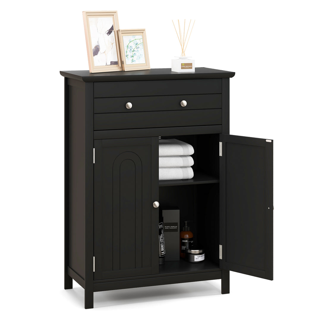Freestanding Floor Storage Cabinet with Drawer and Adjustable Shelf-Black