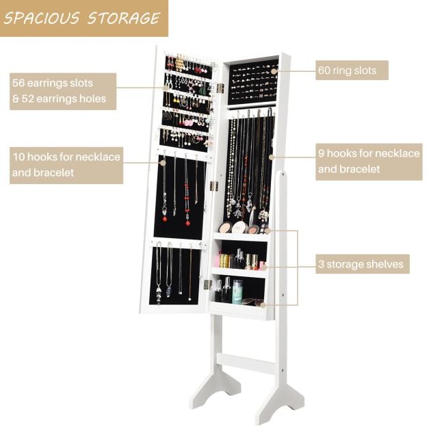 Freestanding Jewellery Cabinet Armoire with Full Length Mirror - White - TidySpaces