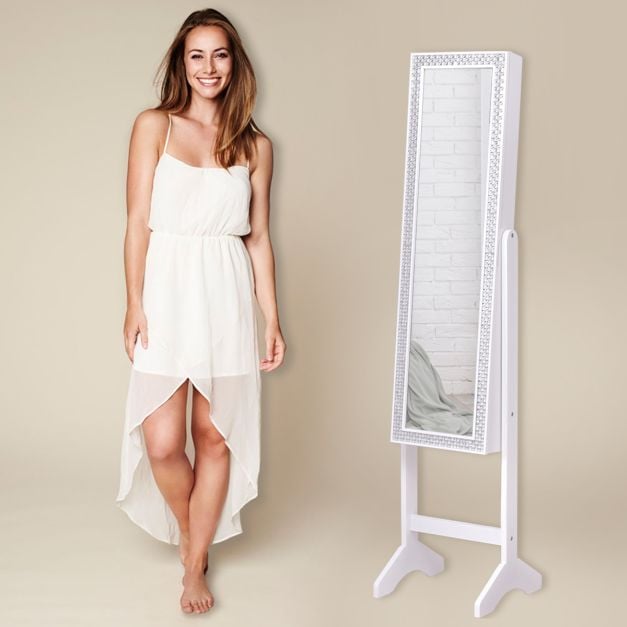 Freestanding Jewellery Cabinet Armoire with Full Length Mirror - White - TidySpaces
