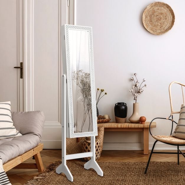 Freestanding Jewellery Cabinet Armoire with Full Length Mirror - White - TidySpaces