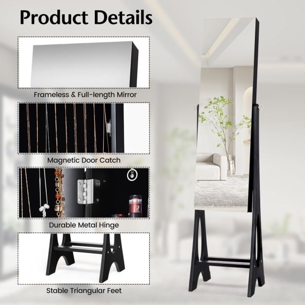 Freestanding Mirror Jewellery Cabinet with Full Length Frameless Mirror - TidySpaces