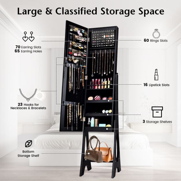 Freestanding Mirror Jewellery Cabinet with Full Length Frameless Mirror - TidySpaces