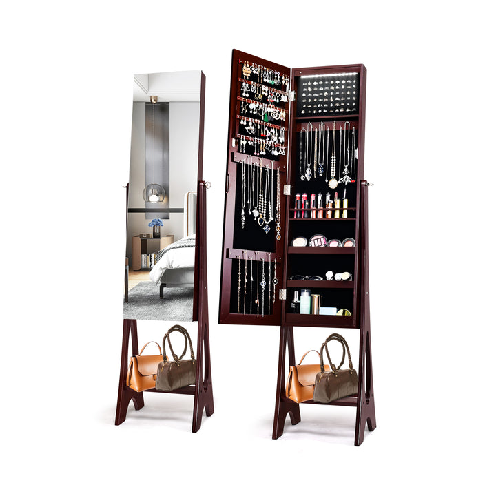 Freestanding Mirror Jewelry Cabinet with Full Length Frameless Mirror Coffee - TidySpaces