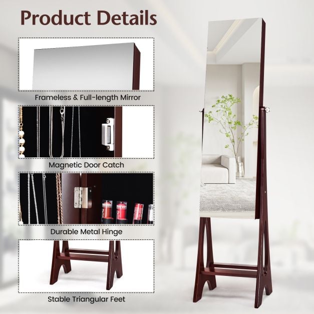 Freestanding Mirror Jewellery Cabinet with Full Length Frameless Mirror - TidySpaces