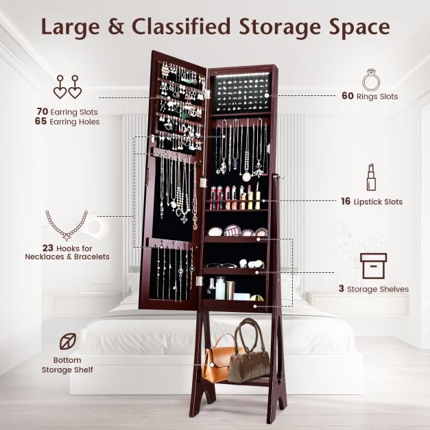 Freestanding Mirror Jewellery Cabinet with Full Length Frameless Mirror - TidySpaces