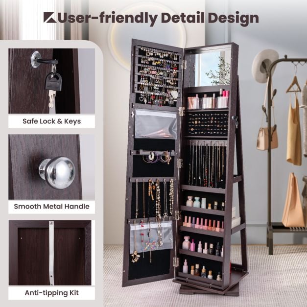 Full Length Mirrored Jewellery Cabinet Rotates 360° with Display Shelves
