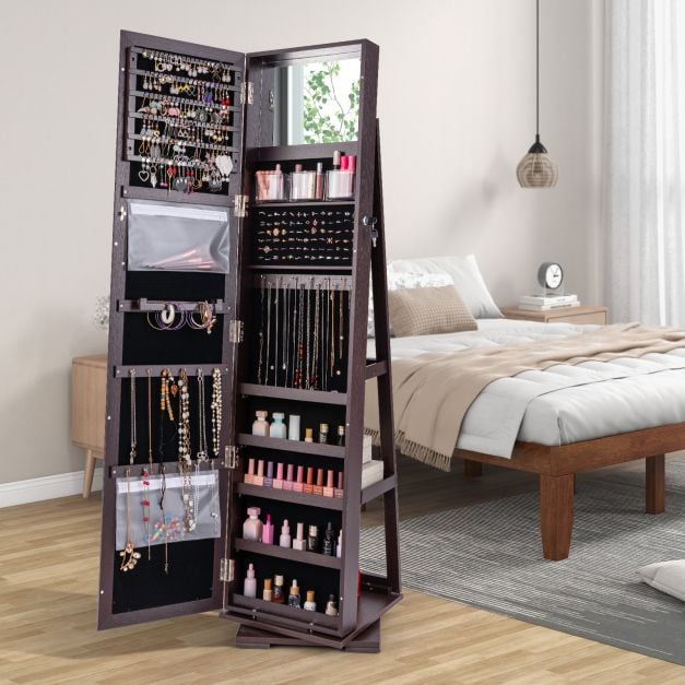 Full Length Mirrored Jewellery Cabinet Rotates 360° with Display Shelves