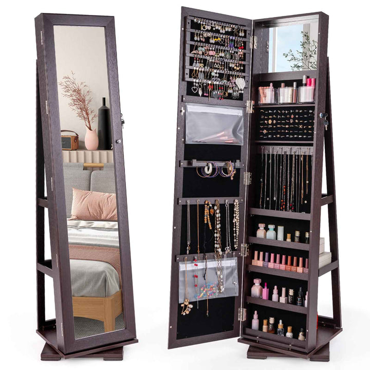 Full Length Mirrored Jewellery Cabinet Rotates 360° with Display Shelves