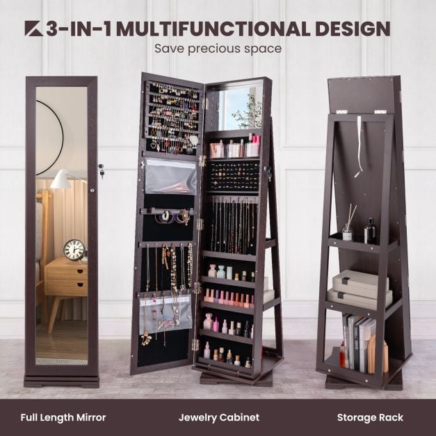 Full Length Mirrored Jewellery Cabinet Rotates 360° with Display Shelves