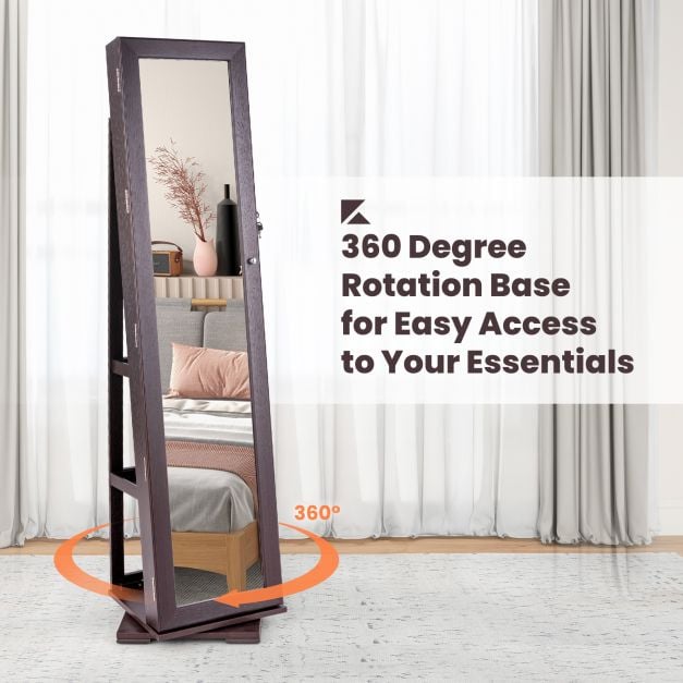 Full Length Mirrored Jewellery Cabinet Rotates 360° with Display Shelves
