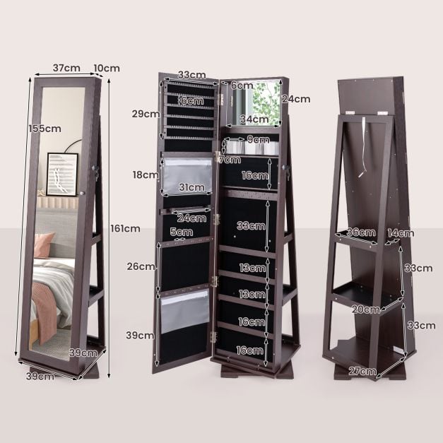 Full Length Mirrored Jewellery Cabinet Rotates 360° with Display Shelves