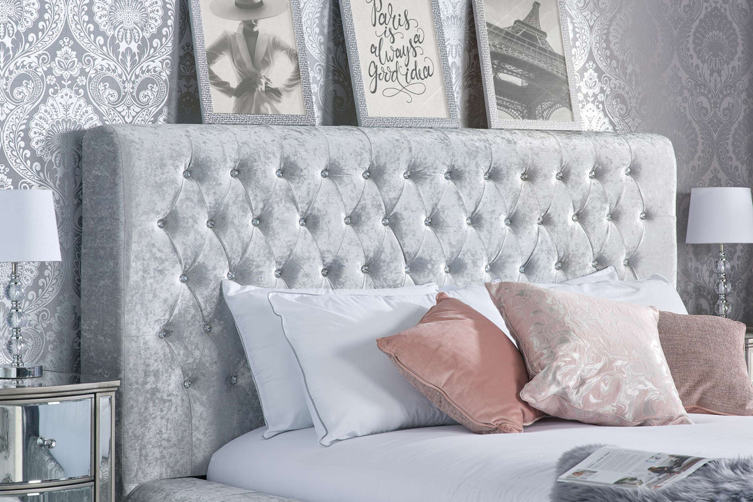 Grande Upholstered Bed with Diamond Buttoned Headboard in Crushed Velvet