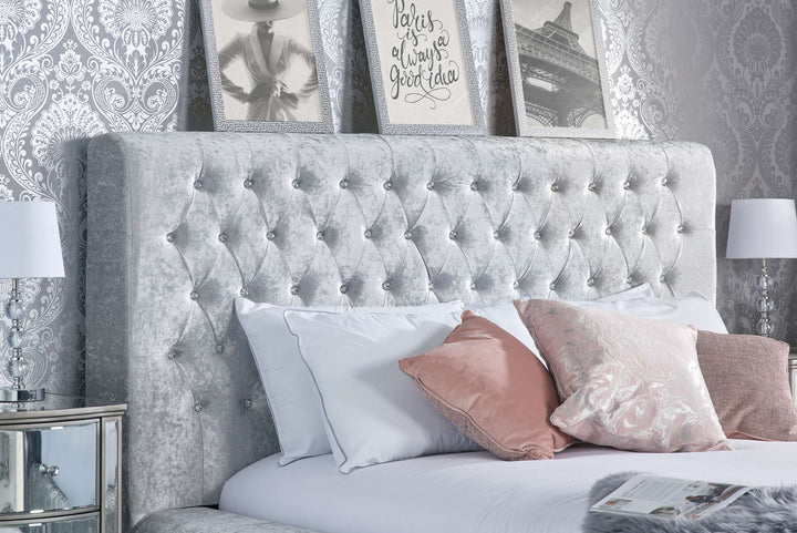 Grande Upholstered Bed with Diamond Buttoned Headboard in Crushed Velvet