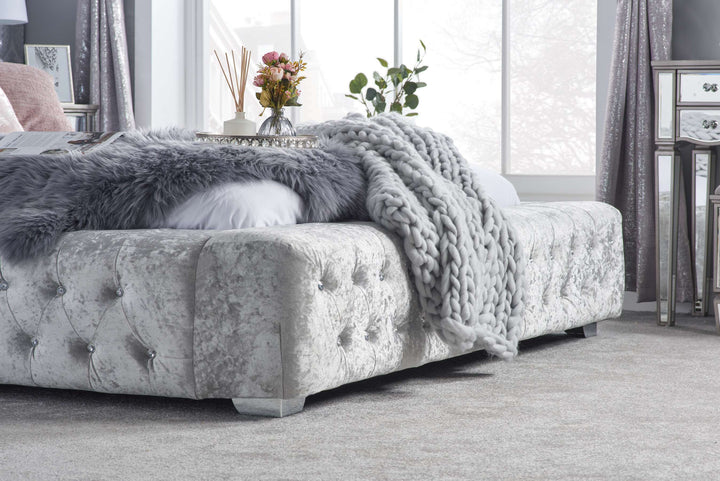 Grande Upholstered Bed with Diamond Buttoned Headboard in Crushed Velvet