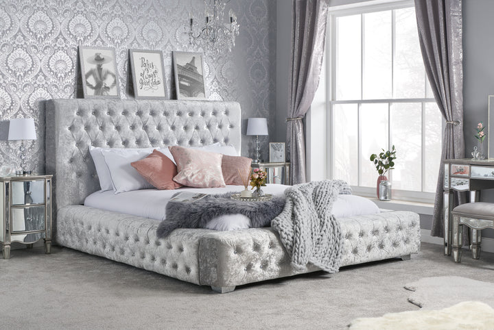 Grande Upholstered Bed with Diamond Buttoned Headboard in Crushed Velvet