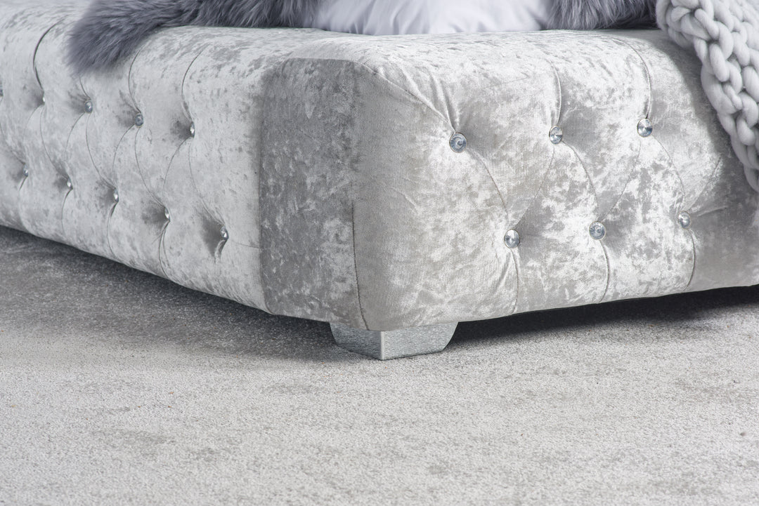 Grande Upholstered Bed with Diamond Buttoned Headboard in Crushed Velvet