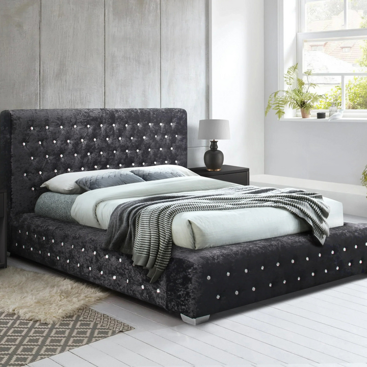 Grande Upholstered Bed with Diamond Buttoned Headboard in Crushed Velvet